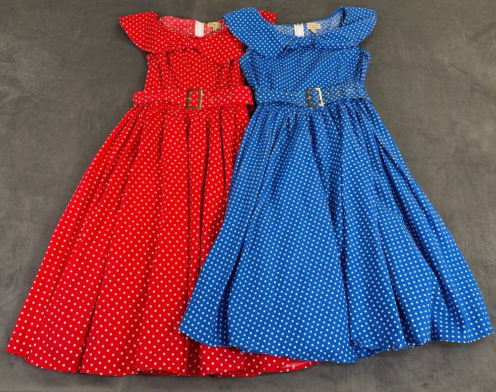 2) Lindy Bop Womens Fit N Flare Dress Small Blue & Red Polka Dots Rockabilly